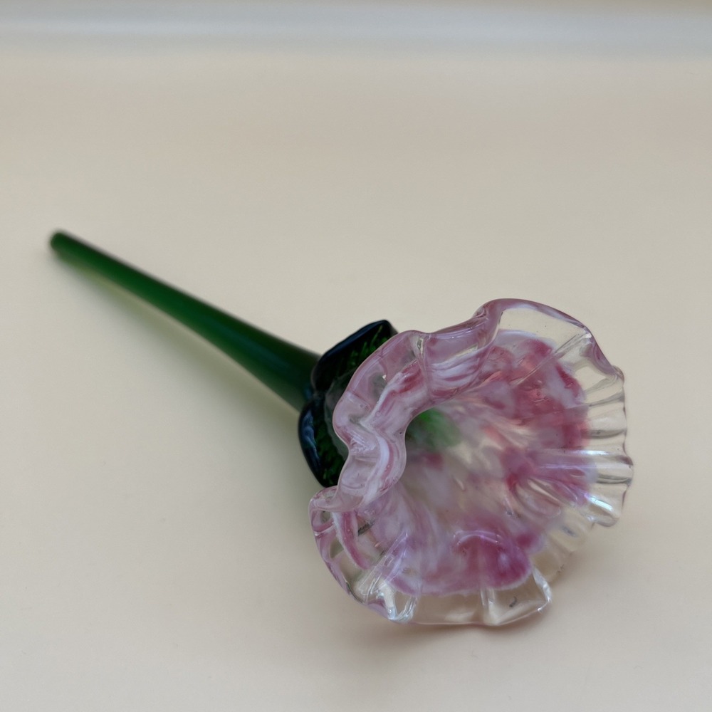 VTG Pink Bud Rose Hand Blown Murano-Style Art Glass Long Green Stem Tulip Flower